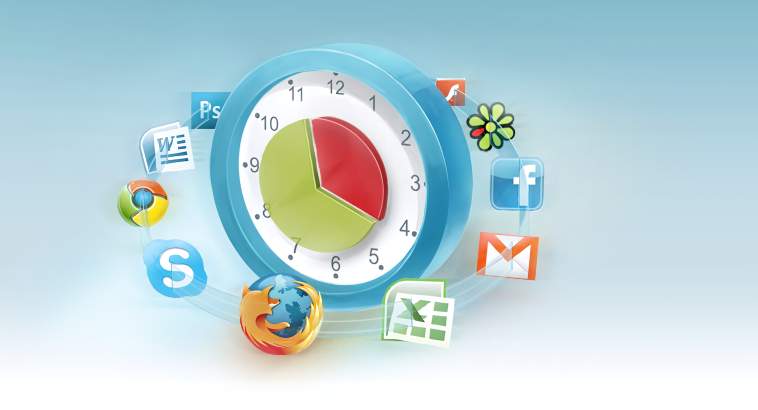 Motivate Clock time tracking application interface showing productivity metrics and work time monitoring